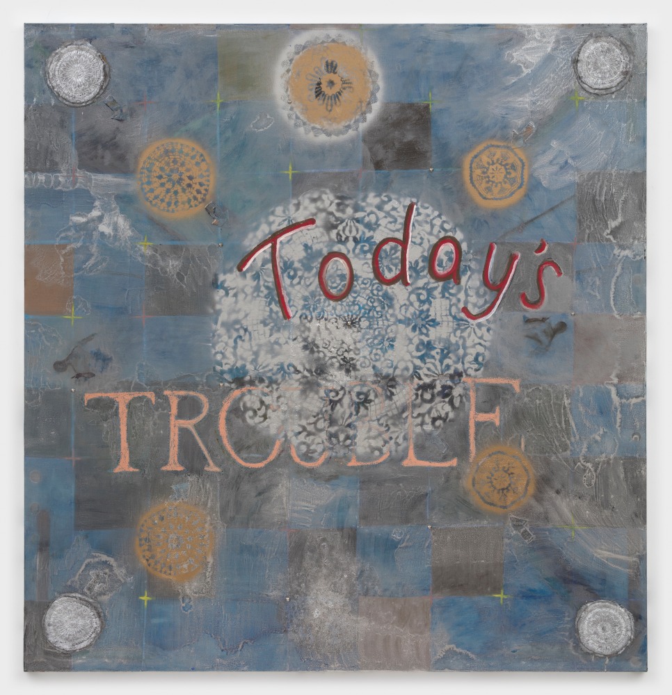 mosie romney
Today&amp;#39;s Trouble, 2023
oil, spray paint, metal studs, and quilt pieces on canvas
72 x 69 ins.
182.9 x 175.3 cm