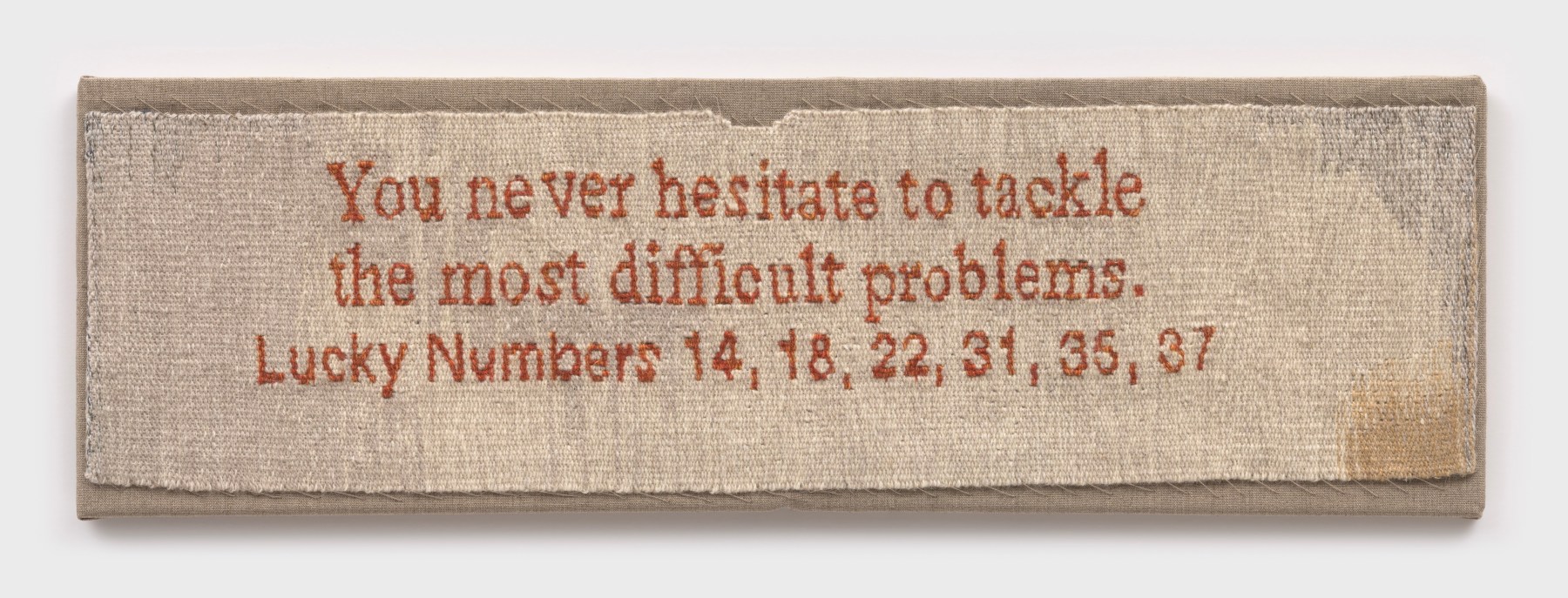Erin M. Riley
Problems, 2024
wool, cotton sewn to stretched linen
10 x 33 ins.
25.4 x 83.8 cm