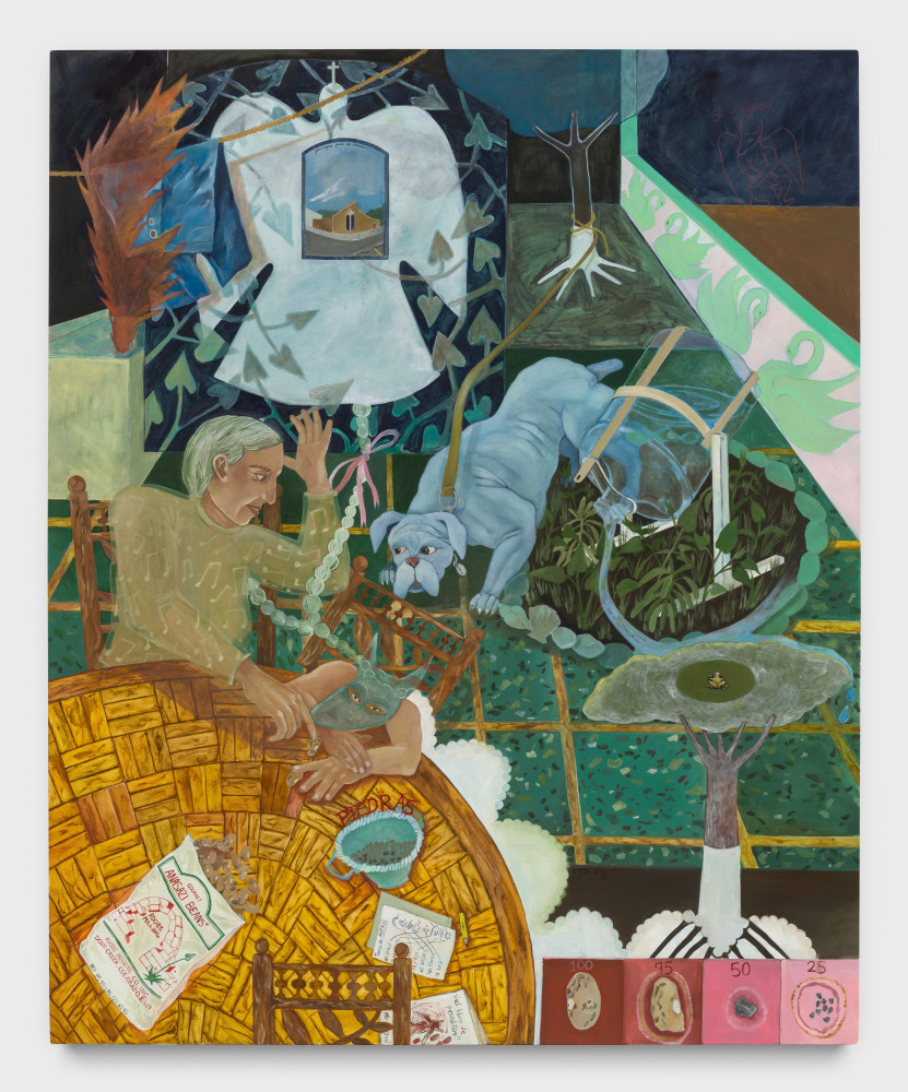 Astrid Terrazas
Wishing we could&amp;rsquo;ve packed our Doorframe, 2022
oil on canvas, silver and enamel charm
74 x 60 ins.
188 x 152.4 cm