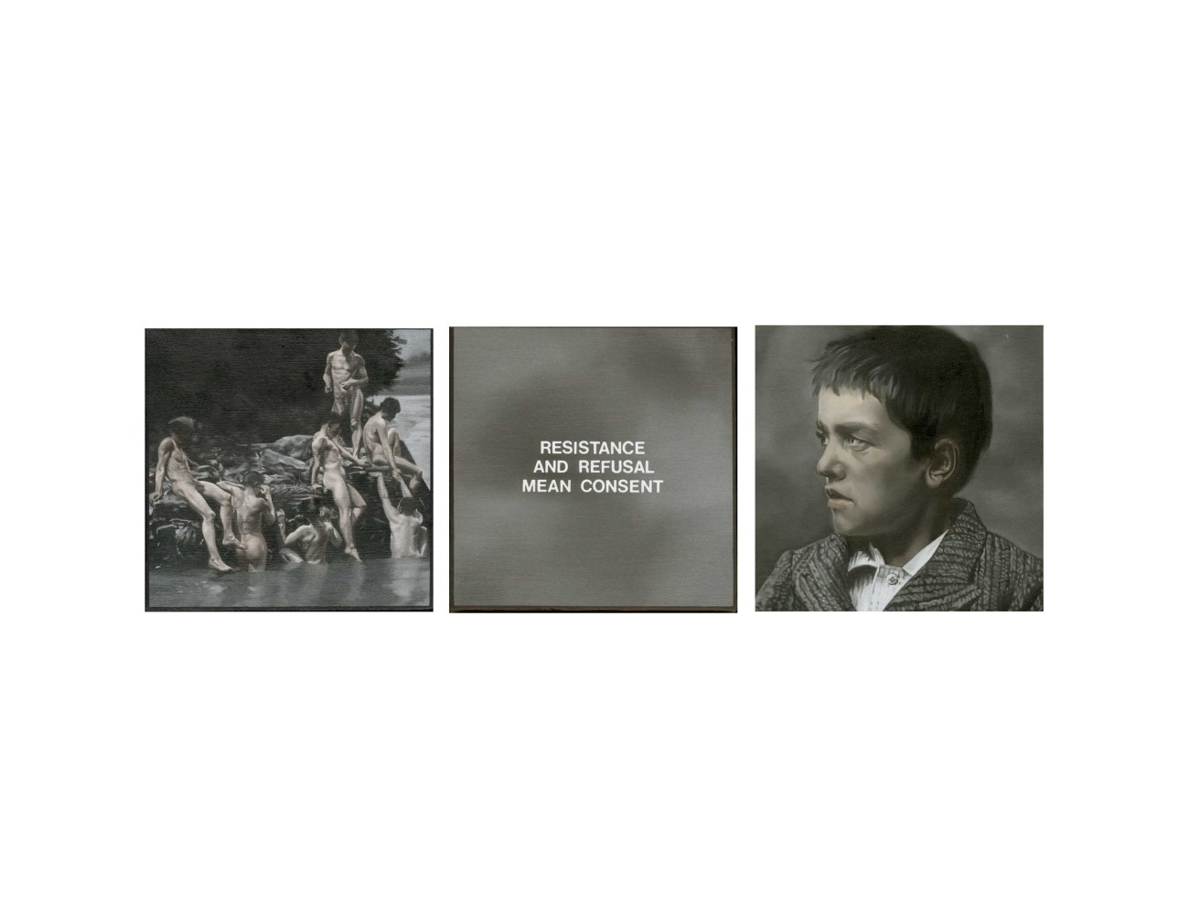 Dotty Attie
Resistance and Refusal Mean Consent/boys, 2000
oil on linen
3 panels: 6 x 6 ins. (15.2 x 15.2 cm)
overall: 6 x 20 ins. (15.2 x 50.8 cm)