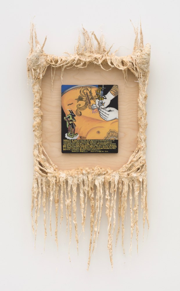 Guadalupe Maravilla
Thank you Pixelated Goat Retablo, 2021
oil on tin, cotton, glue mixture, wood
46 x 20 1/2 x 5 1/2 ins.
116.8 x 52.1 x 14 cm