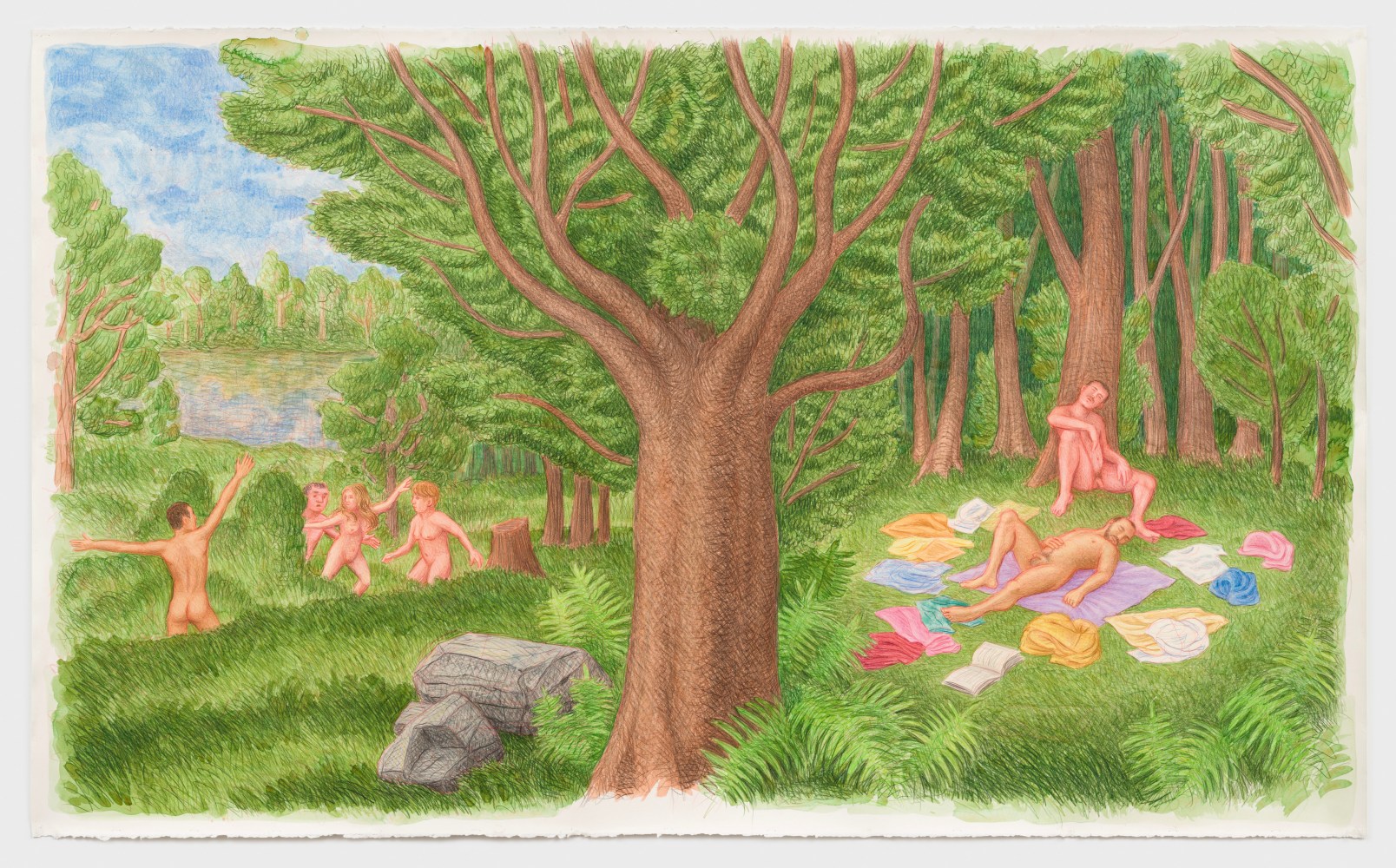 Elijah Burgher
Escaping Muses (after Lorenzo Lotto), 2021
colored pencil and watercolor on paper
44 7/8 x 74 1/4 ins.
114 x 188.5 cm