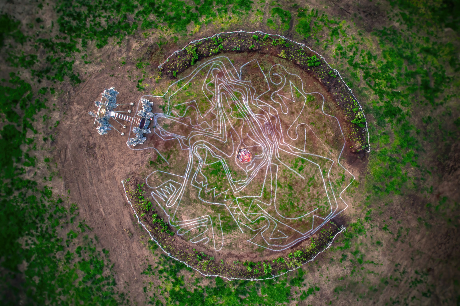 Installation View, Guadalupe Maravilla: Planeta Abuelx, Socrates Sculpture Park, Queens, NY. Drone image by KMDECO Creative Solutions: Mark DiConzo.