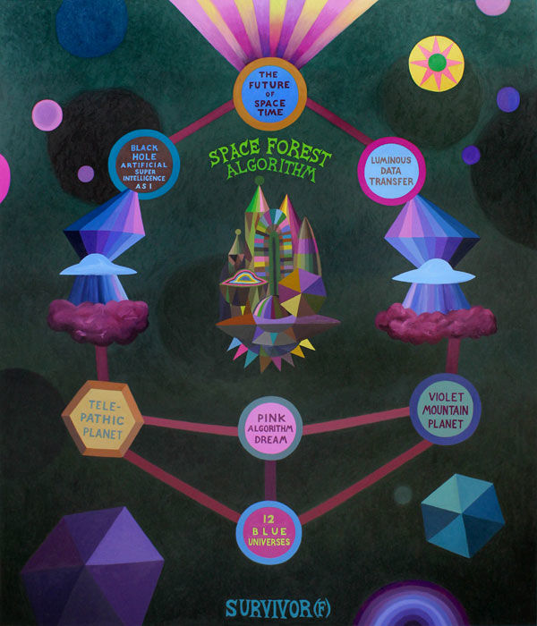 Suzanne Treister
SURVIVOR (F)/Space Forest Algorithm, 2016-19
oil on linen
83 7/8 x 72 1/8 ins.
213 x 183 cm