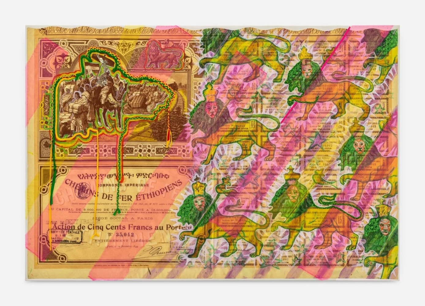 Hew Locke
Raw Materials 10, 2023
Custom printed 245gms Organic cotton warp satin with appliqued fabrics and cord, PVA-based Fray-stop on raw edges, organza, polylace, diamante, polyester ribbon and thread, plated metal, copper wire
143.5 x 210 cm
56 1/2 x 82 1/2 in