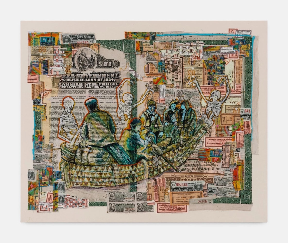 Hew Locke
Raw Materials 31, 2024
Custom printed 245gms organic cotton warp satin with appliqued fabrics and cord, PVA-based Fray-stop on raw edges, cotton lawn, tuille, acrylic paint, cotton and polyester threads
142 x 174.5 cm
56 x 68 1/2 in