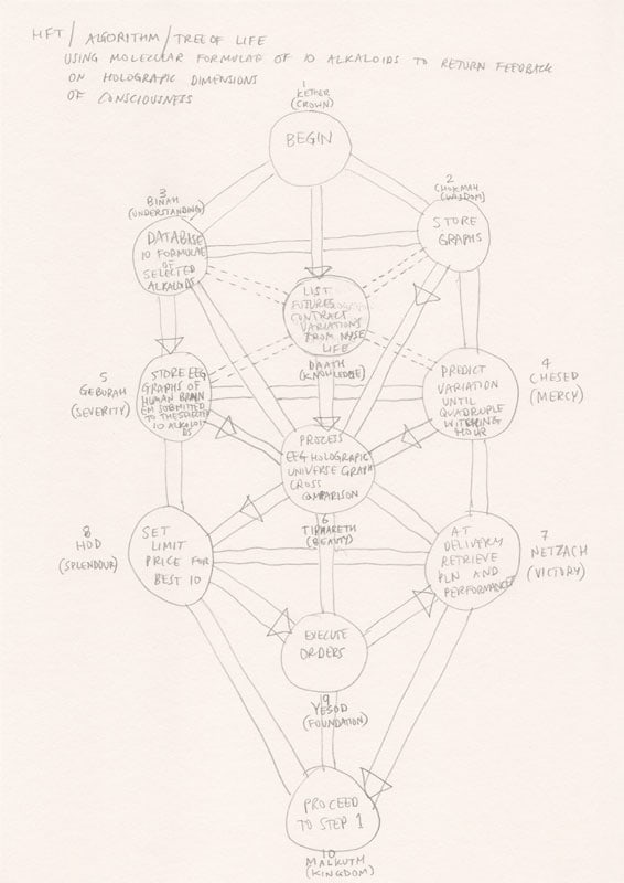 Suzanne Treister, HFT The Gardener/Diagrams/Trading Algorithm using Molecular Formulae of 10 Alkaloids to return feedback on Holographic Dimensions of Consciousness (Tree of Life), 2015