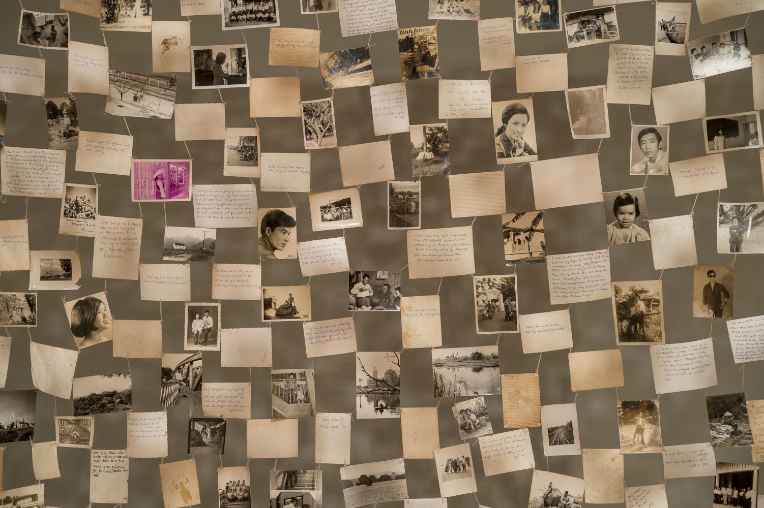 Dinh Q. L&amp;ecirc;
detail of Crossing the Farther Shore, 2014
found photographs, thread, and linen tape, seven parts
dimensions variable