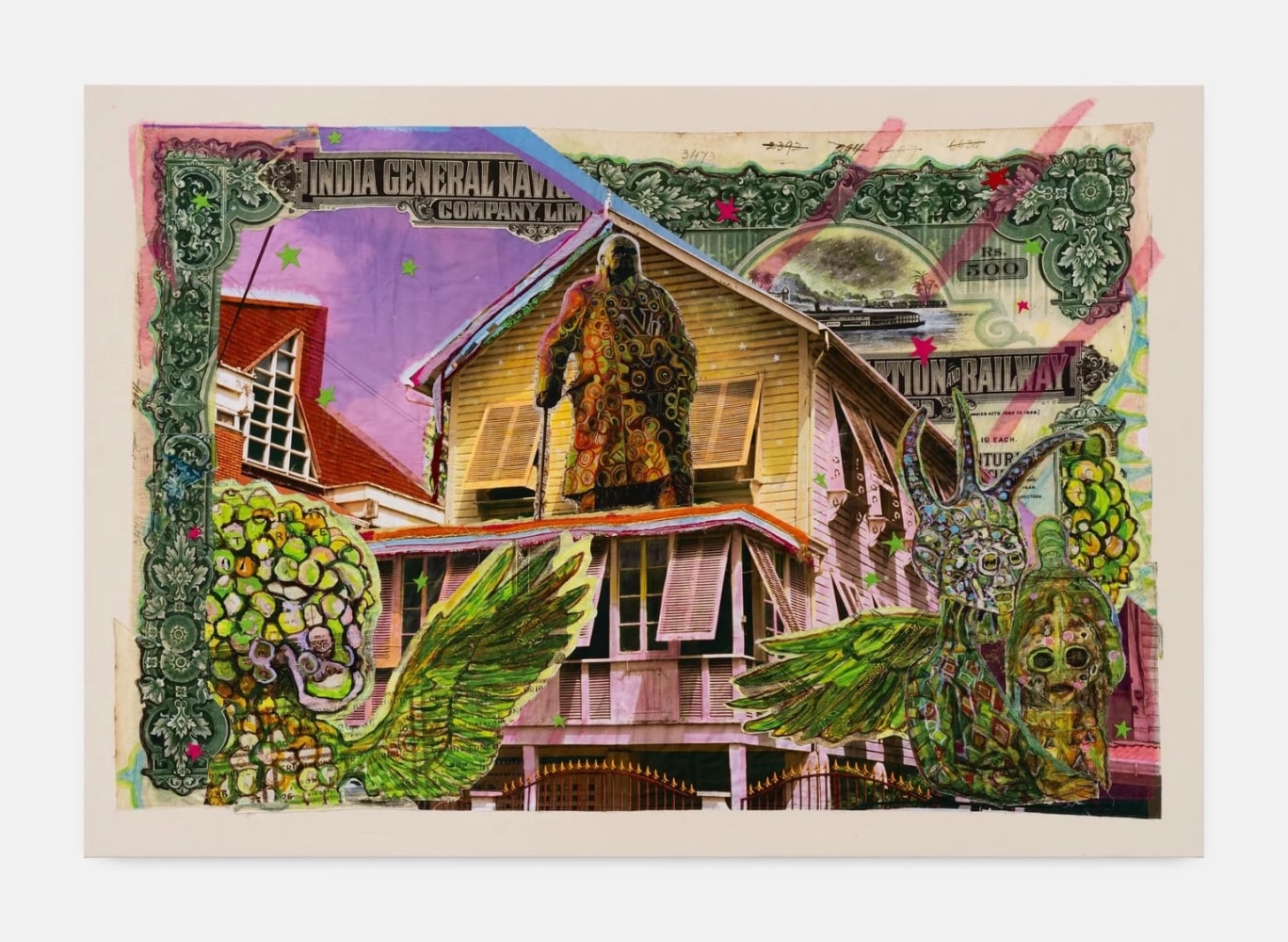 Hew Locke
Raw Materials 22, 2023
Custom printed 245gms organic cotton warp satin with appliqued fabrics and cord, PVA-based Fray-stop on raw edges, felt, acrylic paint, synthetic rope, fabric medium, polyester lace, gauze
165 x 239 cm
65 x 94 in