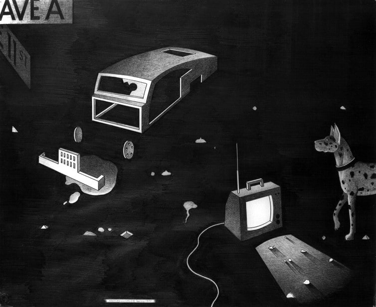 Anton van Dalen
Abandoned Car with Dog and TV, 1977
graphite on paper
23 x 29 in.
58.42 x 73.66 cm
