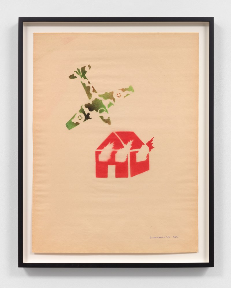 David Wojnarowicz
Untitled (Burning House with Camouflage Plane), 1982
signed and dated, lower right
stencil on paper
23 7/8 x 17 7/8 ins.
60.6 x 45.4 cm