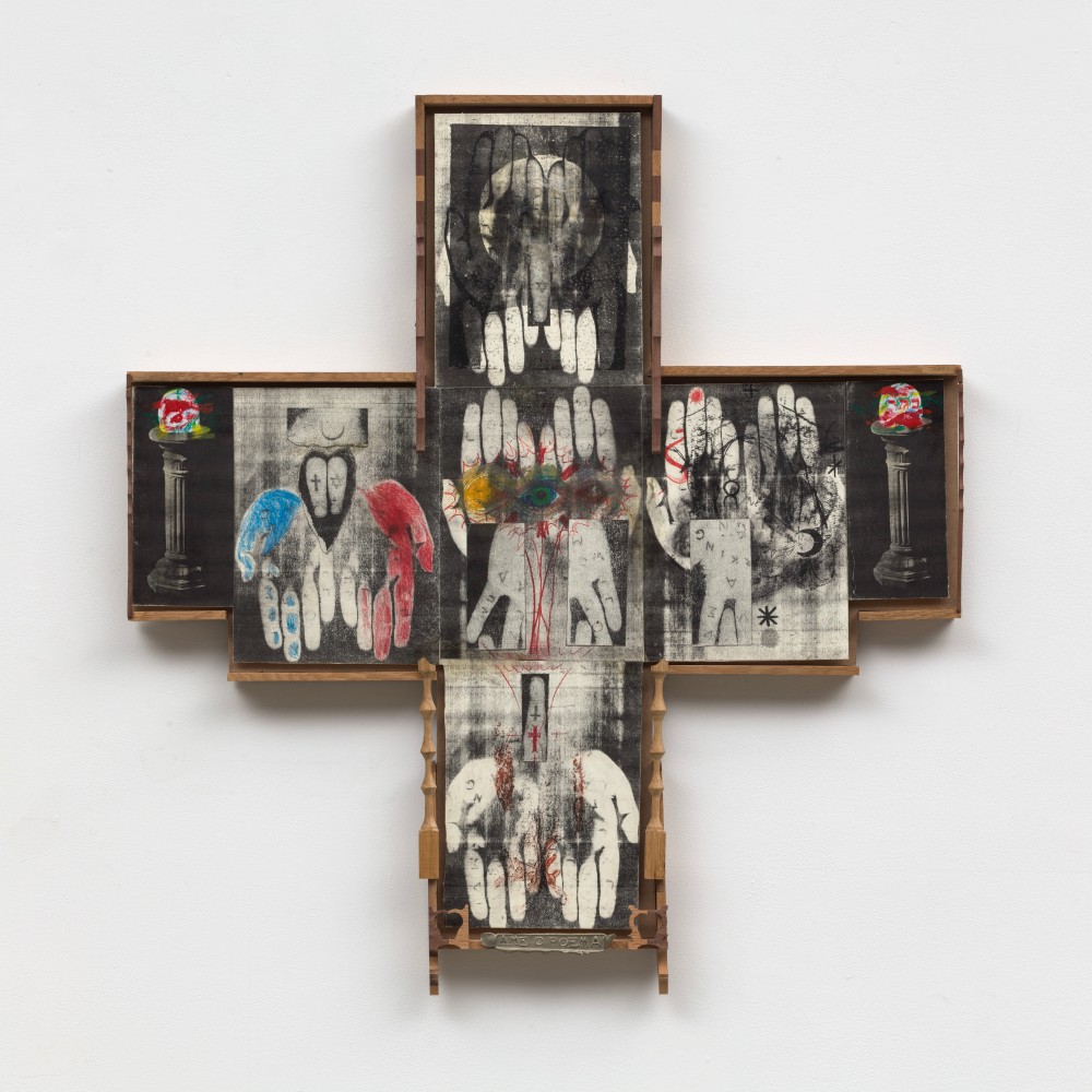 Harry Gould Harvey IV
Ame O PoemⒶ, 2023
colored pencil, charcoal, xerox, beeswax, encaustic wax, cast white bronze, White Oak and Black Walnut from the Delano Sawmill, New Bedford, MA
32 x 35 x 2 1/4 ins.
81.3 x 88.9 x 5.7 cm