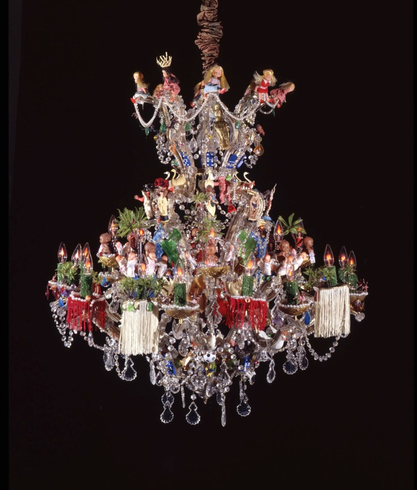 Pep&amp;oacute;n Osorio
El Chandelier, 1988
functional metal and glass chandelier with plastic toys and figurines, glass crystals, and other objects
60 7&amp;frasl;8 x 42 ins. diam.
154.6 x 106.7 cm diam.