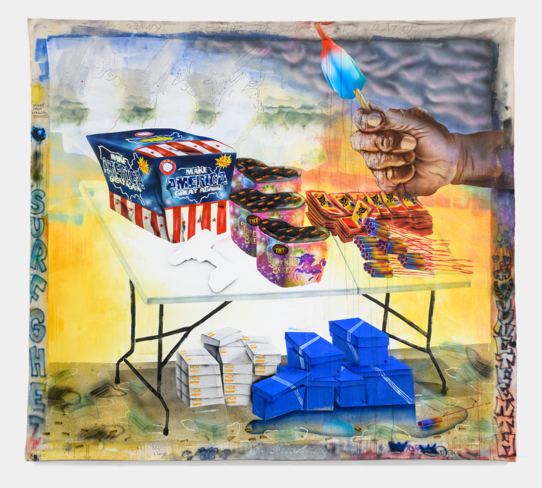 Pat Phillips
This Is Not a Drill, 2024
acrylic, pencil, permanent oil bar, airbrush, aerosol paint on canvas
83 x 92 1/2 ins.
210.8 x 235 cm