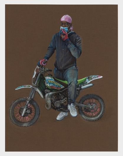 Shellyne Rodriguez
Bike Boys on Pugsley, Pink Durag, 2020
colored pencil on paper
19 x 25 ins.
48 x 63 cm