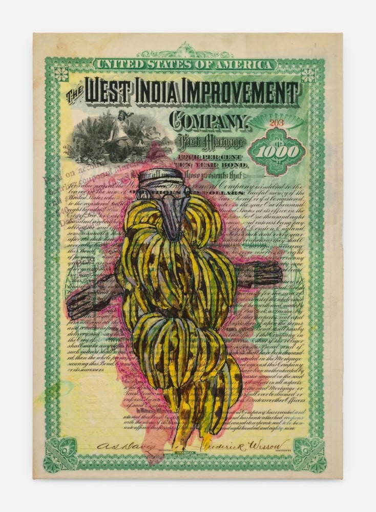 Hew Locke
Raw Materials 7, 2022
Custom printed 245gms organic cotton warp satin with appliqued fabrics and cord, PVA-based Fray-stop on raw edges, plastic sequins, acrylic ink, polyester mesh
148.5 x 102 cm
58 1/2 x 40 in