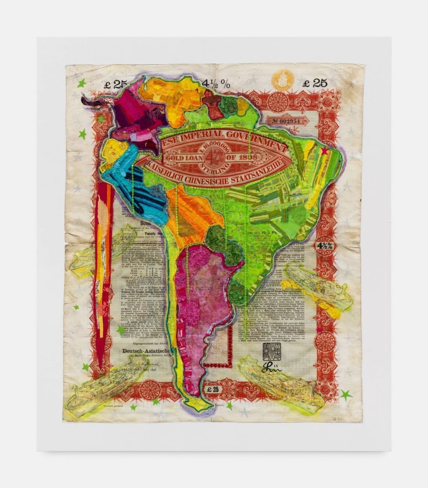 Hew Locke
Raw Materials 23, 2023
Custom printed 245gms organic cotton warp satin with appliqued fabrics and cord, PVA-based Fray-stop on raw edges, polyester lace, felt, cotton gauze, tuille, polyester lace, plastic, sequins, synthetic cord, metal alloy, enamel paint
160.5 x 133 cm
63 x 52 1/2 in