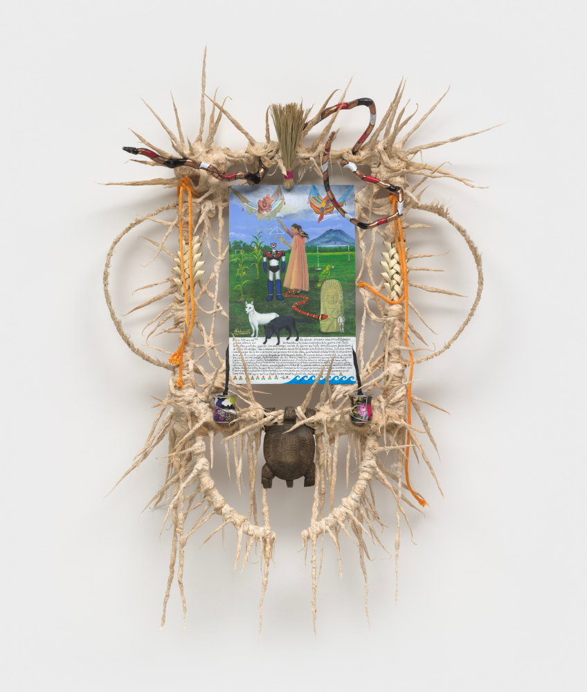 Guadalupe Maravilla
January 1984 Retablo (twin), 2023
oil on tin, cotton and glue mixture on wood, and objects collected from a ritual of retracing the artist&amp;#39;s original migration route
96 x 64 x 22 1/2 ins.
243.8 x 162.6 x 57.1 cm