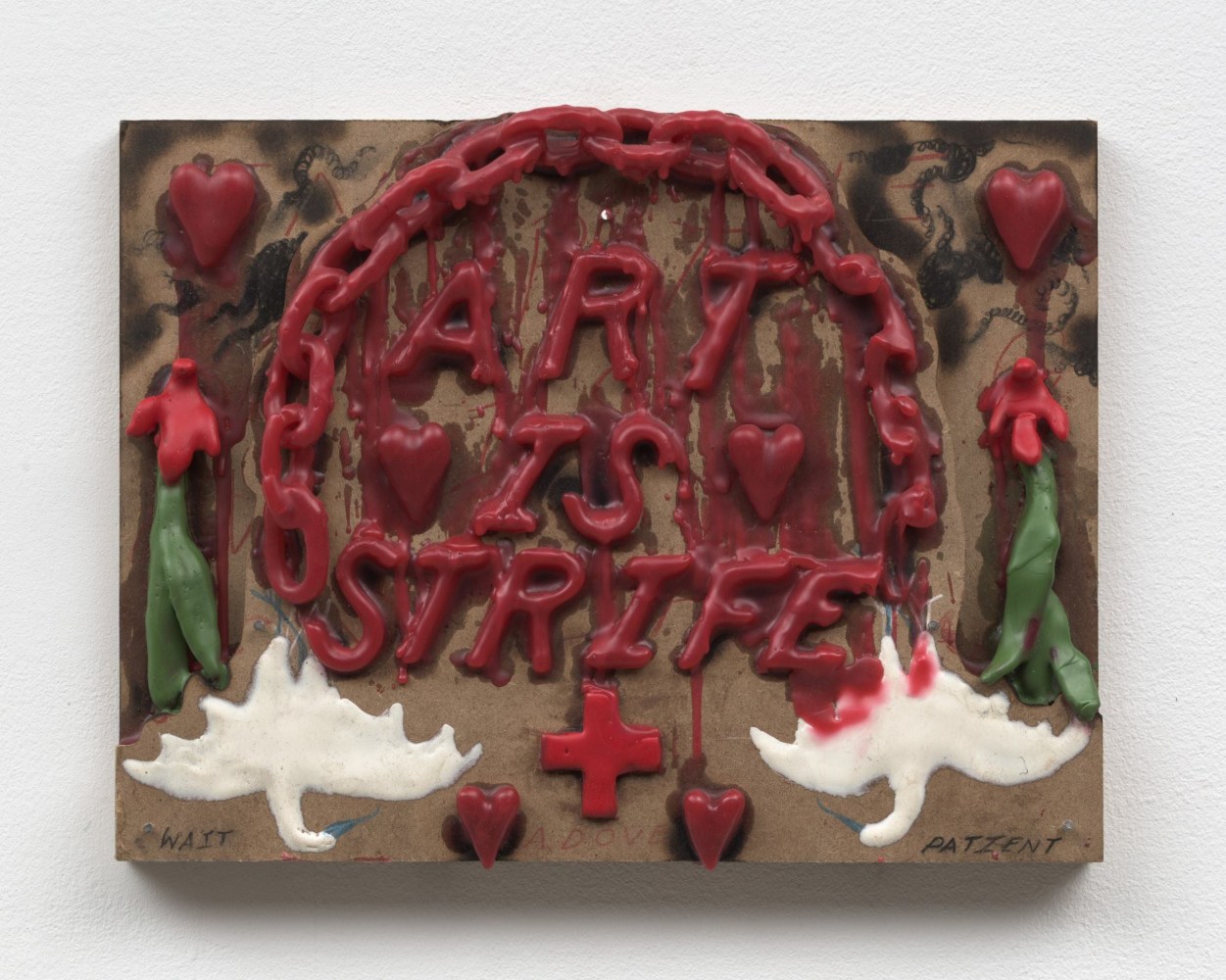 Harry Gould Harvey IV
Art Is Life_Life Is Death (Antigestmunst-Kunstwerk) Blight Of The Lobeliaciae, 2023
charcoal, red casting wax, encaustic wax, MDF, stainless steal nails
9 x 12 ins.
22.9 x 30.5 cm