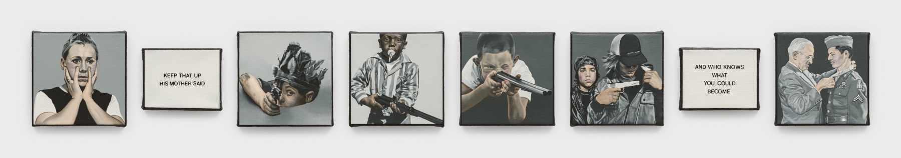 Dotty Attie
Shoot II, 2009
oil on linen, 8 panels
2 panels: 4 x 5 ins. (10.2 x 12.7 cm)
6 panels: 6 x 6 ins. (5.2 x 15.2 cm)
overall: 6 x 53 ins. (15.2 x 134.6 cm)