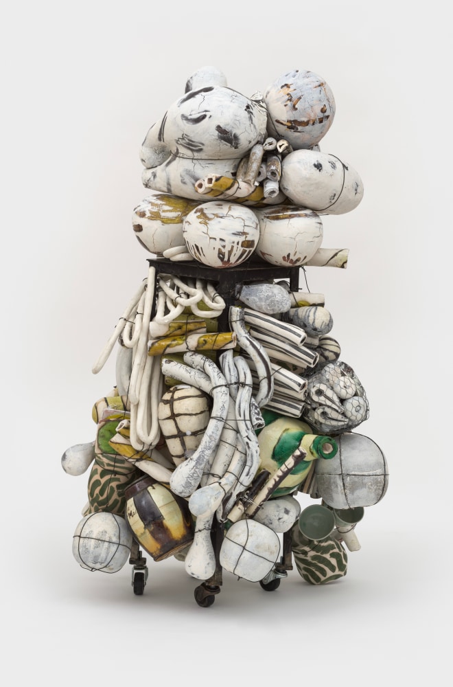 Annabeth Rosen
Part 11, 2013-2018
fired ceramic, painted steel baling wire, steel base on casters
48 x 30 x 28 ins.
121.9 x 76.2 x 71.1 cm