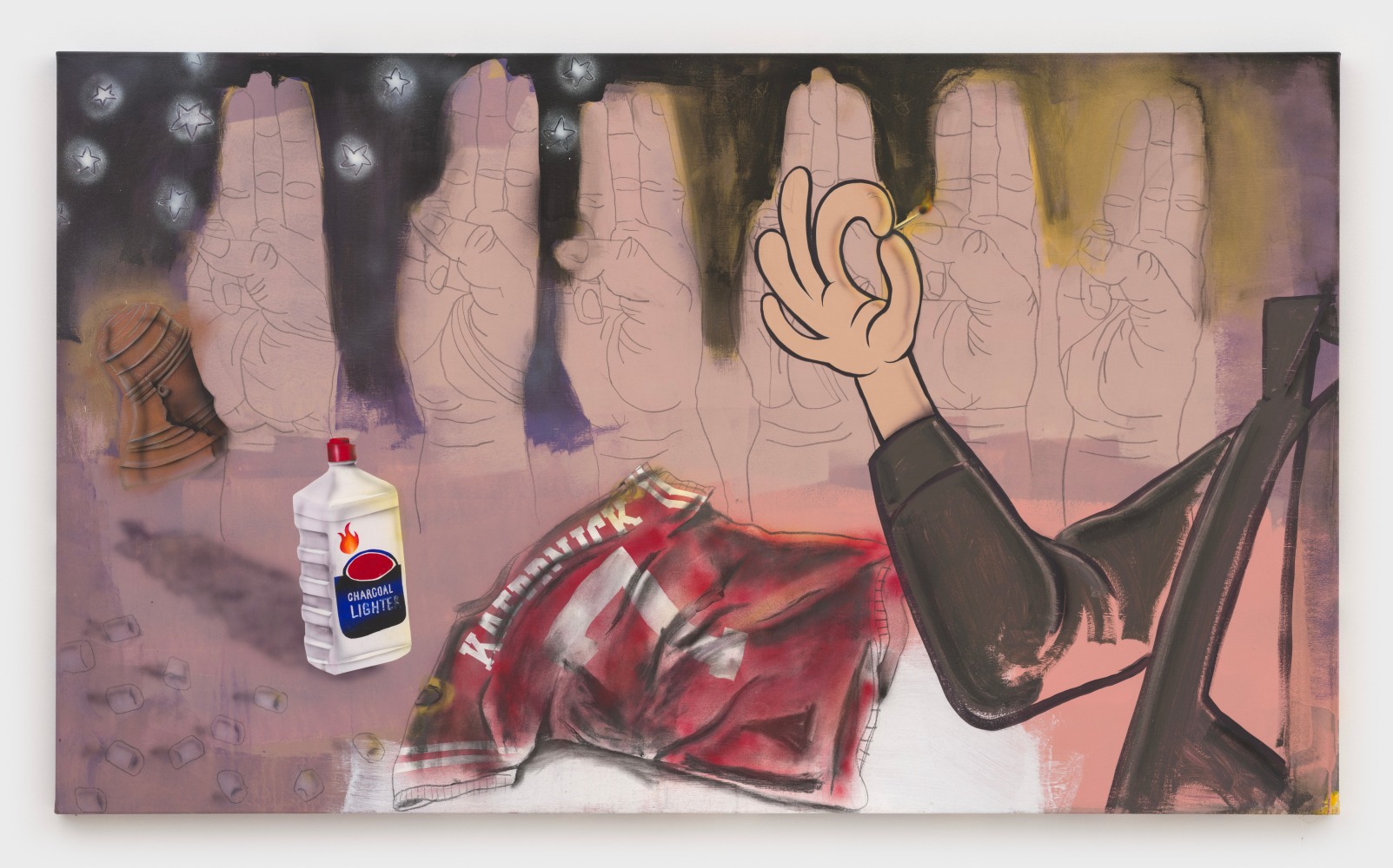 Pat Phillips
Roasted Kaepernick Jersey (Scouts Honor), 2020
acrylic, pencil, airbrush, aerosol paint, glitter on canvas
51 x 86 ins.
129.5 x 218.4 cm