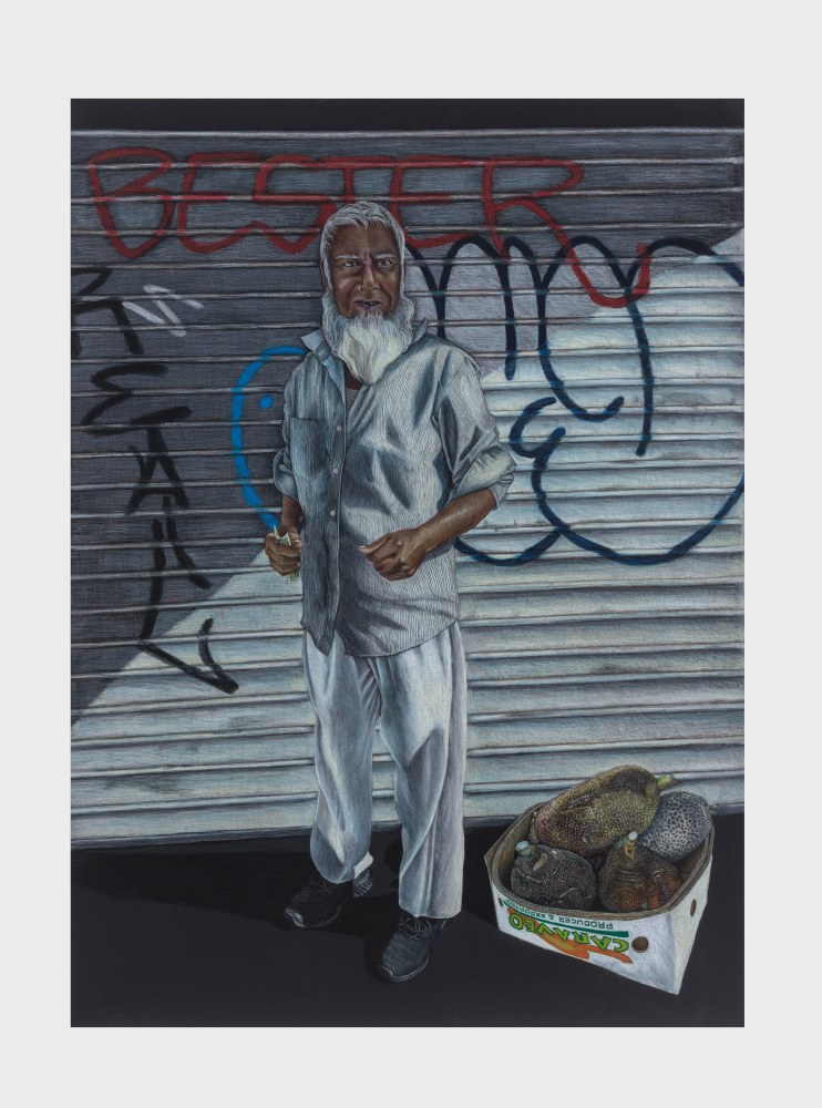 Shellyne Rodriguez
Uncle&amp;#39;s Jack Fruit Hustle, 2022
color pencil on paper
59 x 43 ins.
149.9 x 109.2 cm