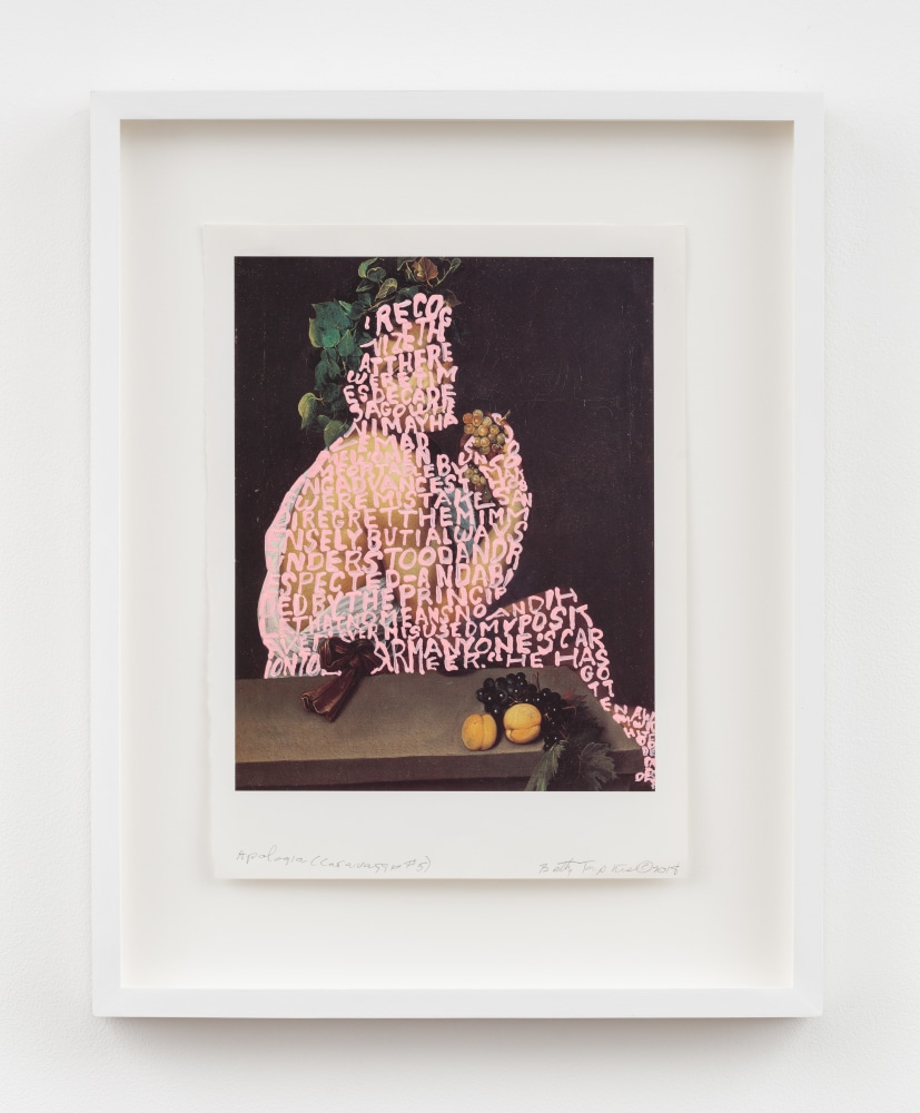 Betty Tompkins
Apologia (Caravaggio #5), 2018
acrylic on book page
12 x 8 3/4 ins.
30.5 x 22.2 cm