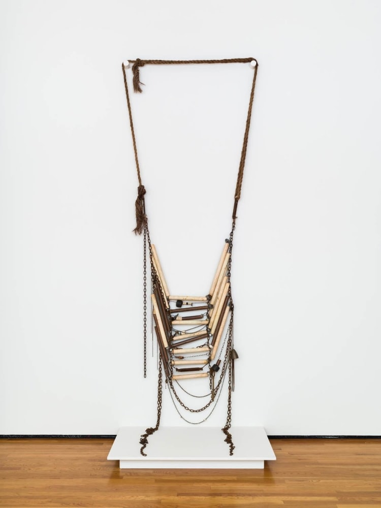Ishi Glinsky
Giant Breastplate, 2009
found antiqued chain link, hand sculpted PVC pipes, brass pipe, hand painted washers, skeleton keys, skateboard wheels
158 x 78 ins.
401.32 x 198.12 cm
