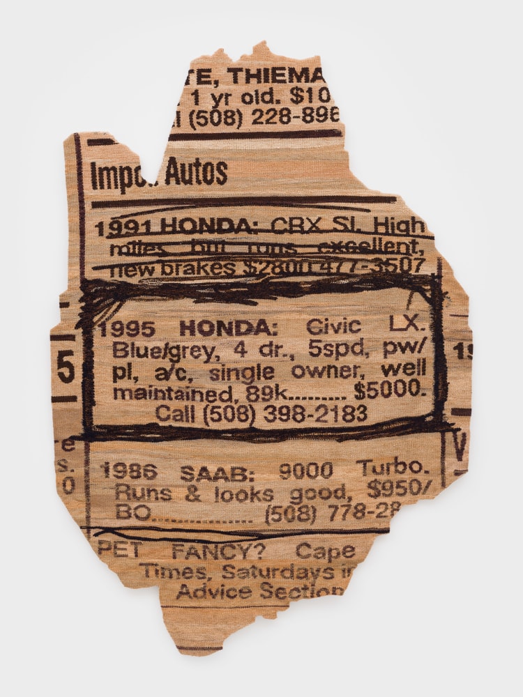 Erin M. Riley
High Miles but Runs Good, 2025
wool, cotton
69 1/2 x 48 ins.
176.5 x 121.9 cm