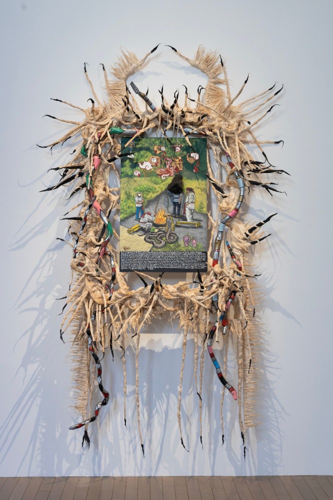 Guadalupe Maravilla
El Boquer&amp;oacute;n Retablo, 2023
oil on tin, cotton and glue mixture on wood, and objects collected from a ritual of retracing the artist&amp;#39;s original migration route
94 x 58 x 23 ins.
238.8 x 147.3 x 58.4 cm
(MARAVILLA-166)