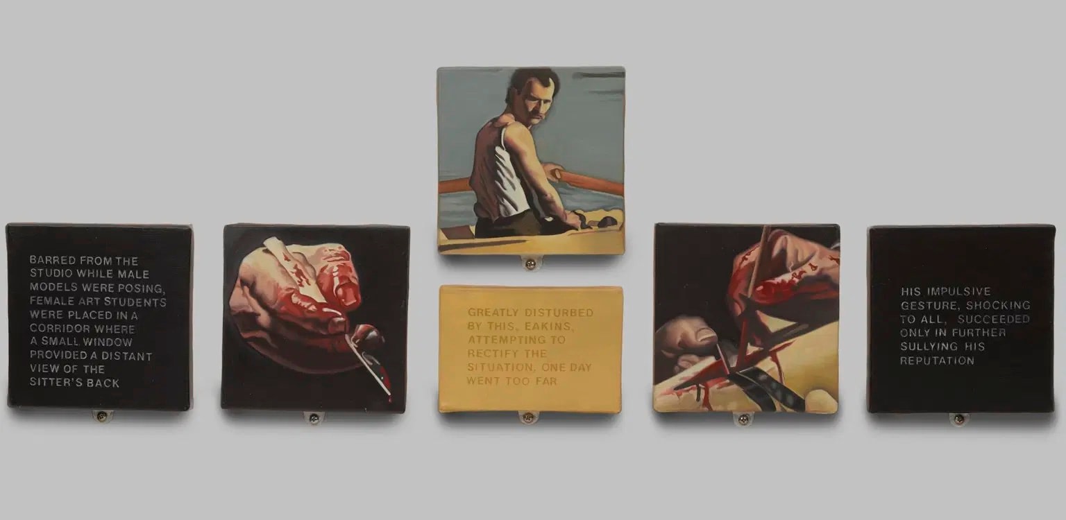 Dotty Attie
Barred from the Studio, 1987
oil on canvas, 6 panels
1 panel: 4 x 6 ins. (10.2 x 15.2 cm)
5 panels: 6 x 6 ins. (15.2 x 15.2 cm)
overall: 11 x 34 ins. (27.9 x 86.4 cm)