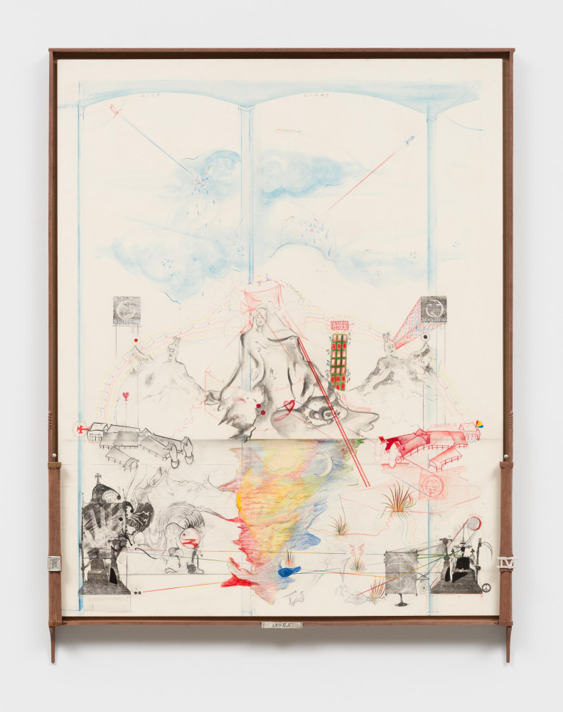 Harry Gould Harvey IV, LeveleveL oroboros LeveleveL ( Max Angst ), 2025, Charcoal, colored pencil, xerox transfer, on matte board, Black Walnut from the Delano Saw Mill, American Hollywood &amp;amp; .999 Pure Silver, 40 x 32 ins.