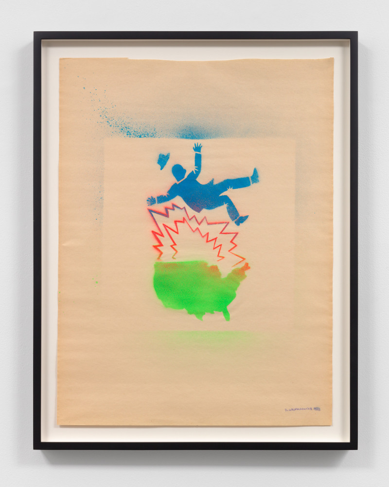 David Wojnarowicz
Untitled (Falling Man and Map of USA), 1982
signed and dated, lower right
stencil on paper
23 7/8 x 17 7/8 ins.
60.6 x 45.4 cm