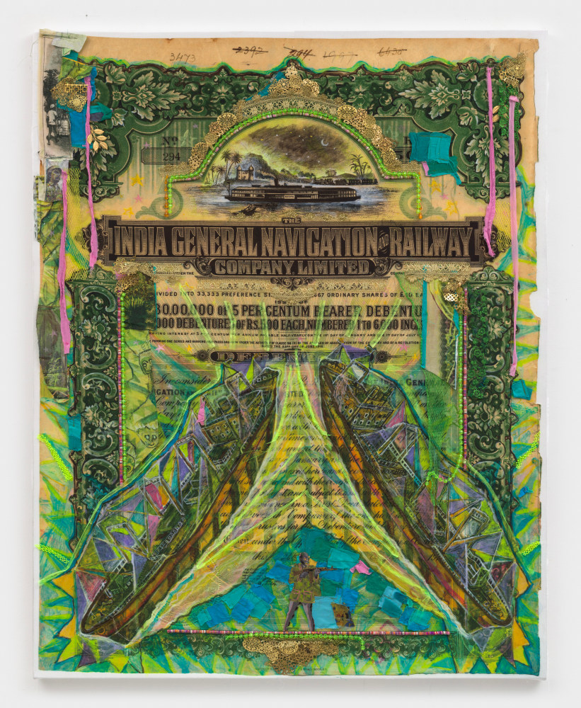 Hew Locke
Raw Materials 3, 2022
acrylic on cotton warp satin, with appliqu&amp;eacute;d fabrics and chord, plastic beads, anodized aluminum, synthetic fabric, brass, and enamel paint
59 1/2 x 47 1/4 ins.
151 x 120 cm