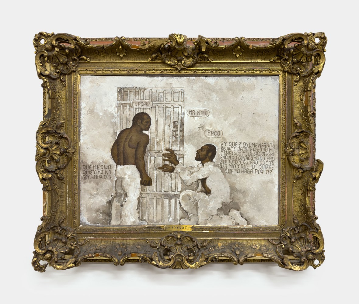 Martin Wong
Cupcake and Paco (Corot), 1988
acrylic on canvas with gilded wood frame
Canvas: 18 x 24 ins.
45.7 x 61 cm
Framed: 27 1/2 x 32 1/2 ins.
69.8 x 82.5 cm