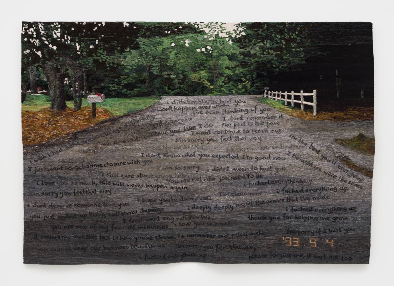 Erin M. Riley
Road Reverberations, 2025
wool, cotton
70 x 100 1/2 ins.
177.8 x 255.3 cm

&amp;nbsp;