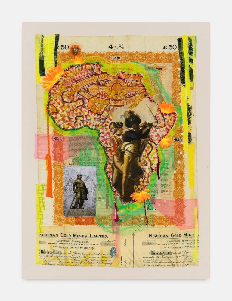 Hew Locke
Raw Materials 11, 2023
Custom printed 245gms Organic cotton warp satin with appliqued fabrics and cord, PVA-based Fray-stop on raw edges, wood, organza, polyester, lace, acrylic paint, brass, synthetic flowers
187 x 137 cm
73 1/2 x 54 in