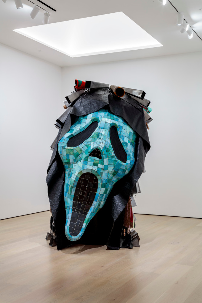 Ishi Glinsky, Inertia&amp;mdash;Warn the Animals, 2023. Canvas, resin, wood, foam, pigment, ink, industrial adhesives, steel, aluminum, fiberglass, goat skin rawhide, deerskin rawhide, bear grass, yucca, wool, shell, cotton, Astro turf, clay, beads, willow, yarn, dentalium, nylon, wire, redwood. 132 x 96 x 96 in. (335.3 x 243.8 x 243.8 cm).&amp;nbsp;