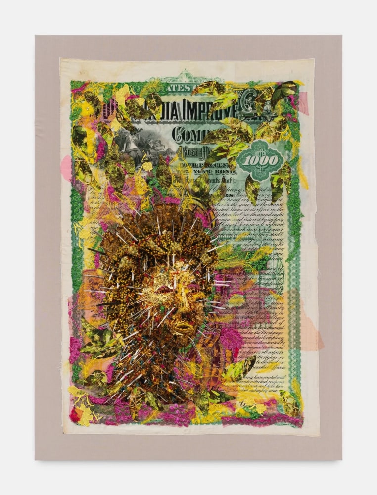 Hew Locke
Raw Materials 26, 2023
Custom printed 245gms organic cotton warp satin with appliqued fabrics and cord, PVA-based Fray-stop on raw edges, sequins, tuille, synthetic lace, metal alloy filigree, metal ball chain
170 x 123 cm
67 x 48 1/2 in