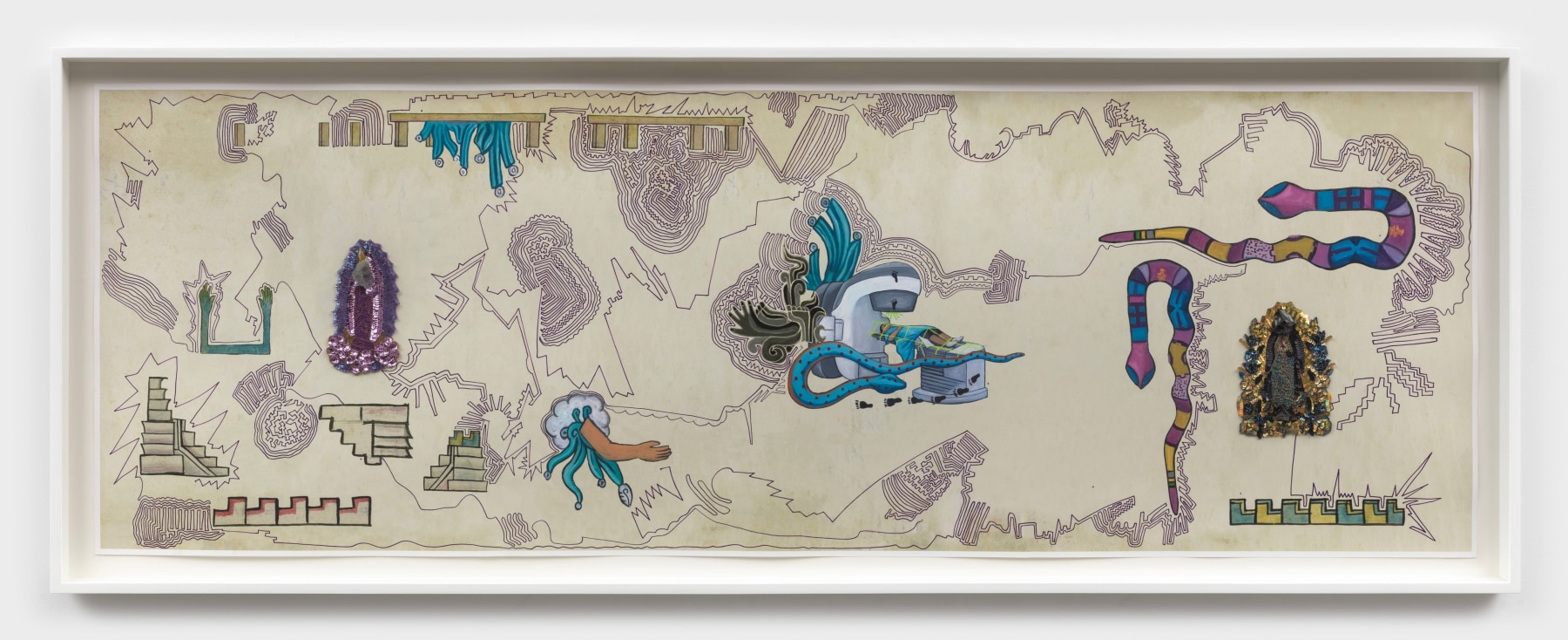 Guadalupe Maravilla
Double Guadalupe Drawing, 2022
ink and paint on inkjet print, embroidered beads, obsidian, amethyst
30 x 90 ins.
76.2 x 228.6 cm