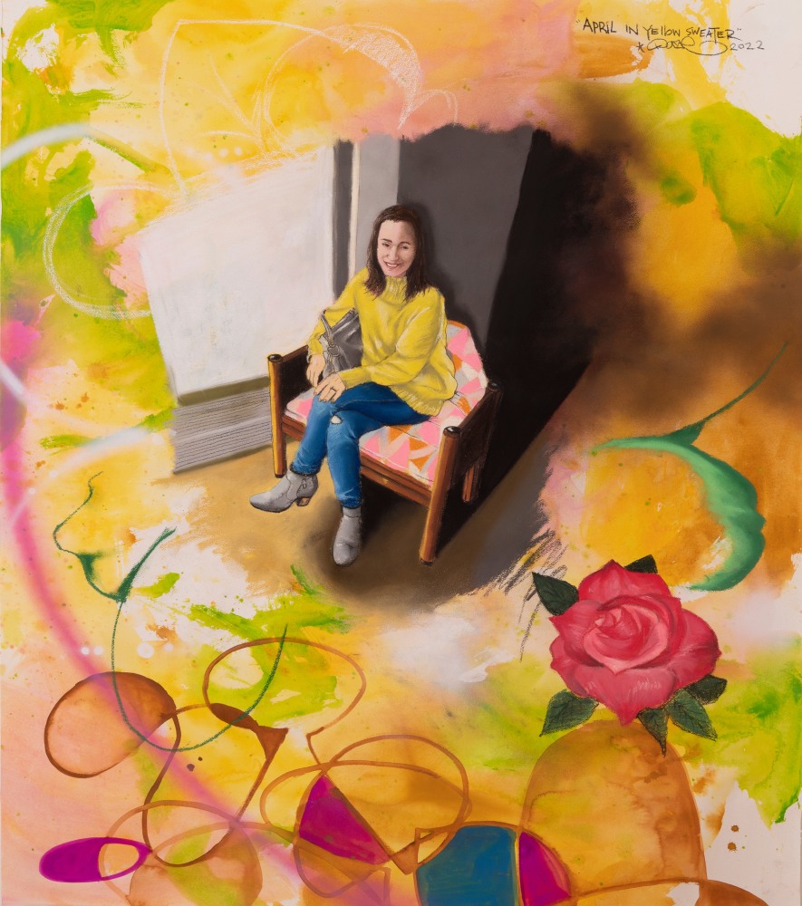 Christopher &amp;quot;Daze&amp;quot; Ellis
April in Yellow Sweater, 2022
pastel acrylic and spray paint on arches paper
44 7/8 x 35 7/8 ins.
114 x 91 cm