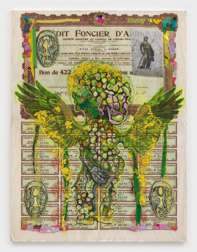 Hew Locke
Raw Materials 1, 2022
acrylic on cotton warp satin, with appliqu&amp;eacute;d fabrics and chord, cotton, and anodized aluminum
76 x 57 7/8 ins.
193 x 147 cm