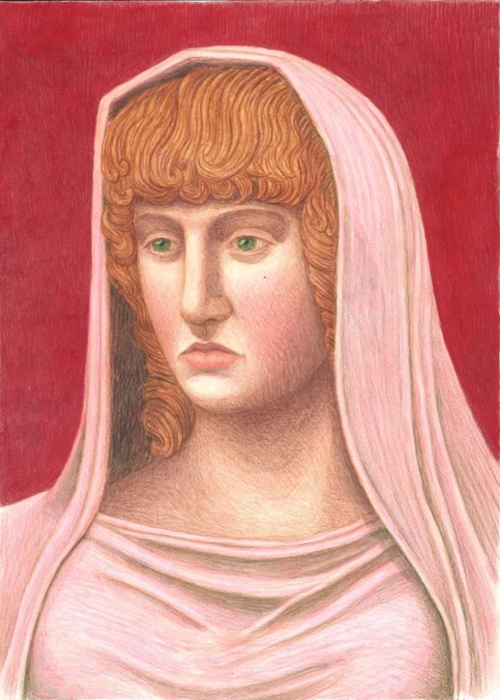 Elijah Burgher
The Vestal Virgin, 2023
colored pencil and watercolor on paper
14 x 10 in.&amp;nbsp;