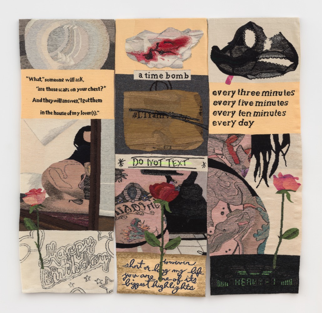 Erin M. Riley
Time Bomb Triptych, 2022
wool, cotton
72 x 72 ins.
182.9 x 182.9 cm