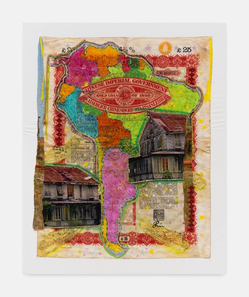 Hew Locke
Raw Materials 9, 2022
Custom printed 245gms organic cotton warp satin with appliqued fabrics and cord, PVA-based Fray-stop on raw edges, plastic sequins, plastic and glass beads, lurex, synthetic netting
164 x 133 cm
64 1/2 x 52 1/2 in