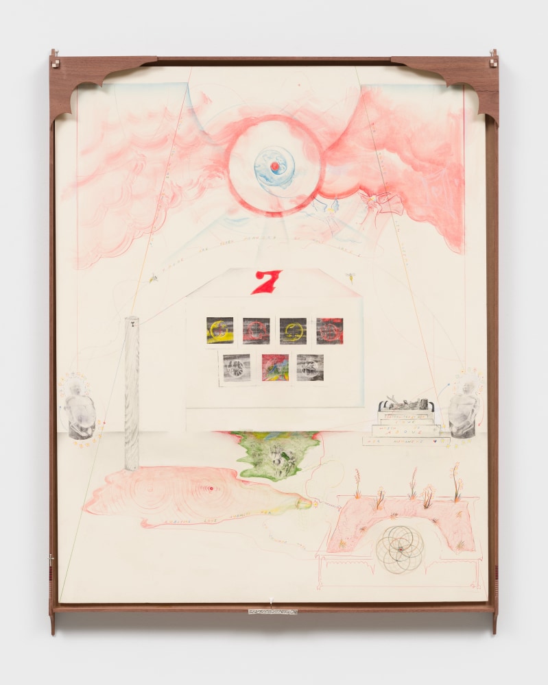 Harry Gould Harvey IV, 777 E&amp;rsquo;Art&amp;rsquo;hly Dimensions ( Burnt Offering ), 2025, Charcoal, colored pencil, xerox transfer, on matte board, Black Walnut from the Delano Saw Mill, American Hollywood &amp;amp; .999 Pure Silver, 40 x 32 ins.