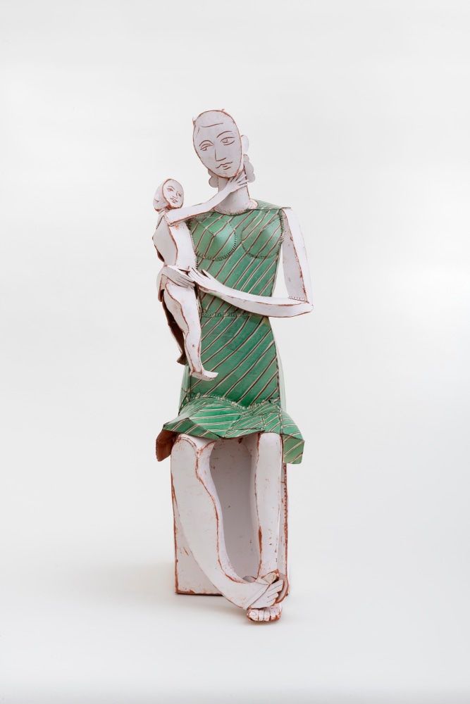 Ann Agee
Green Dress Madonna with Flip-Flops and Earrings, 2021
red earthenware with white slip and glaze
35 1/2 x 10 x 14 ins.
90.2 x 25.4 x 35.6 cm
