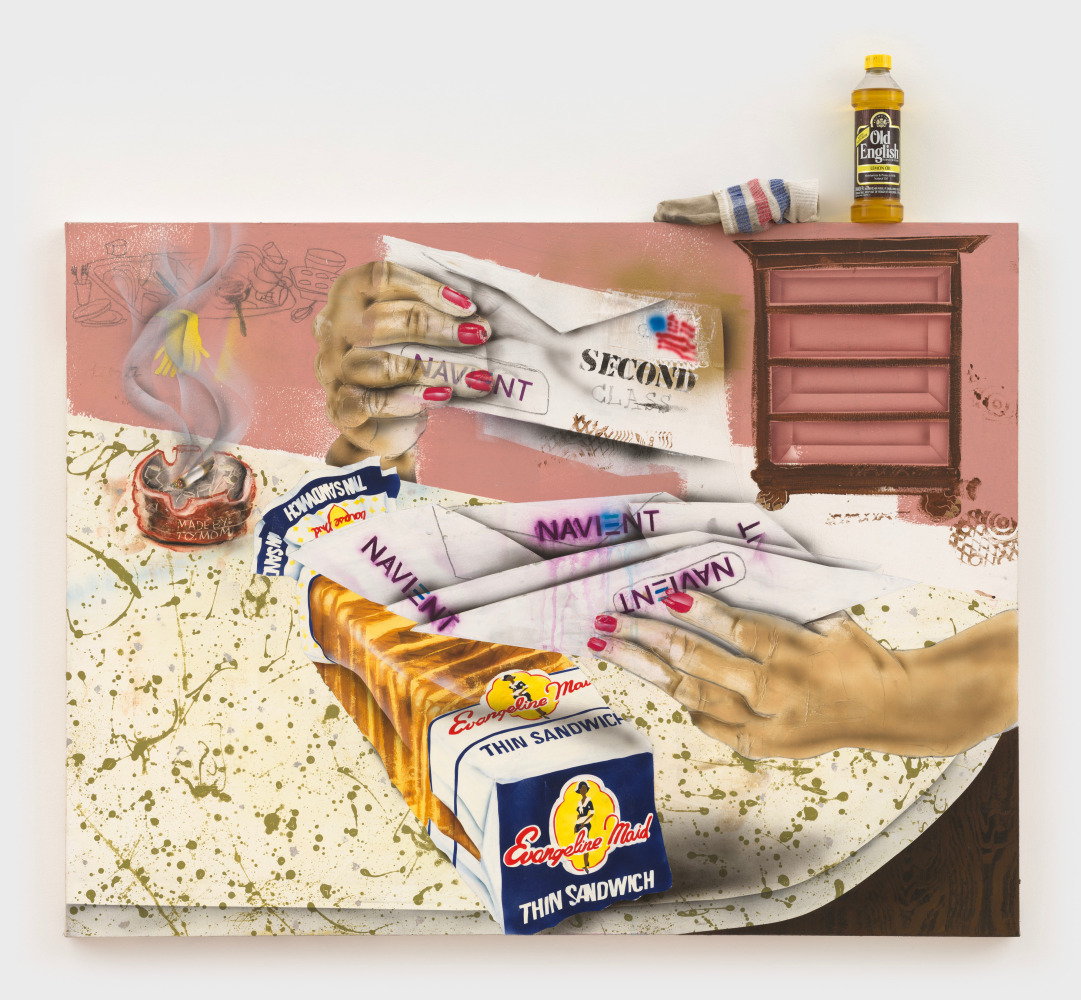 Pat Phillips
Untitled (Evangeline Maid), 2024
acrylic, pencil, oil pastel, silver leaf, airbrush on canvas with sock and vintage bottle of Old English Lemon Oil
36 x 48 ins.
91.4 x 121.9 cm