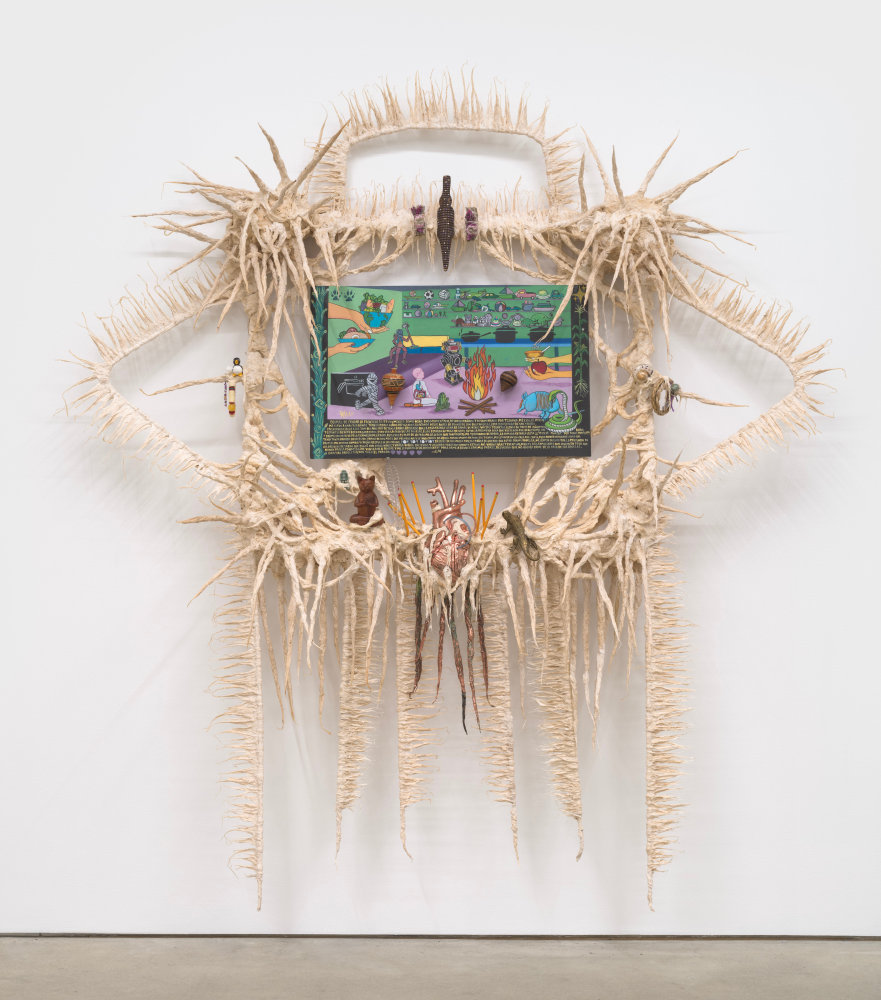 Guadalupe Maravilla
San Ysidro Retablo, 2023
oil on tin, cotton and glue mixture on wood
96 x 93 x 20 ins.
243.8 x 236.2 x 50.8 cm